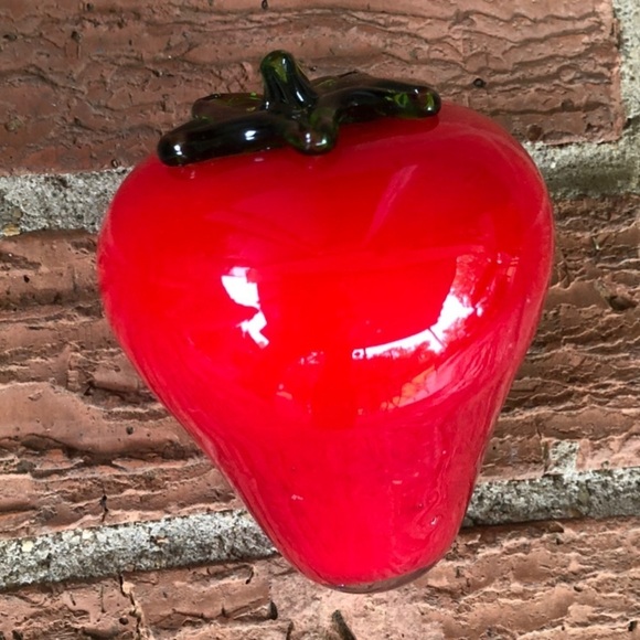 Large Red Strawberry Hand Blown Glass Art Red & Green Lightly Textured - Picture 1 of 5
